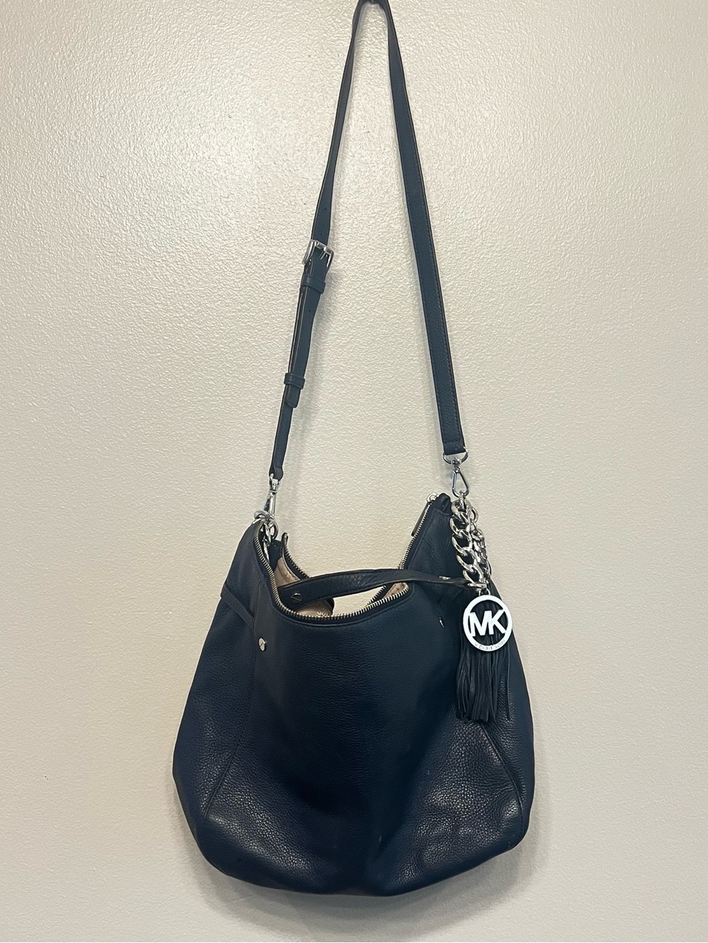 Michael Kors Blue Leather Shoulder Hobo with MK Charm Chain Detail